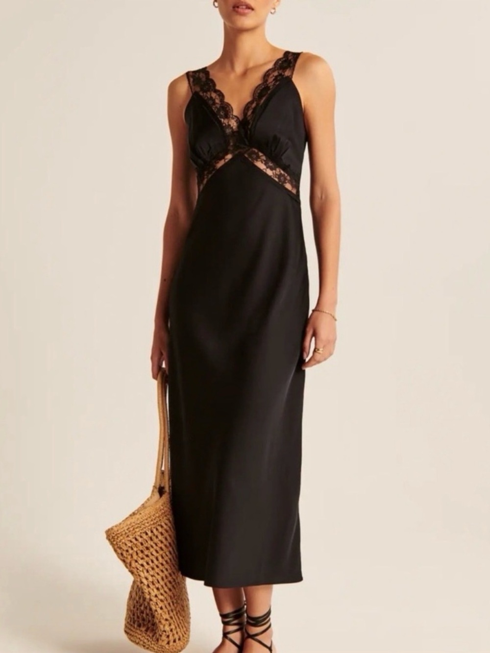 Abercrombie & Fitch A&F Sleeveless Lace Trim Satin Slip Midi Dress Black XS